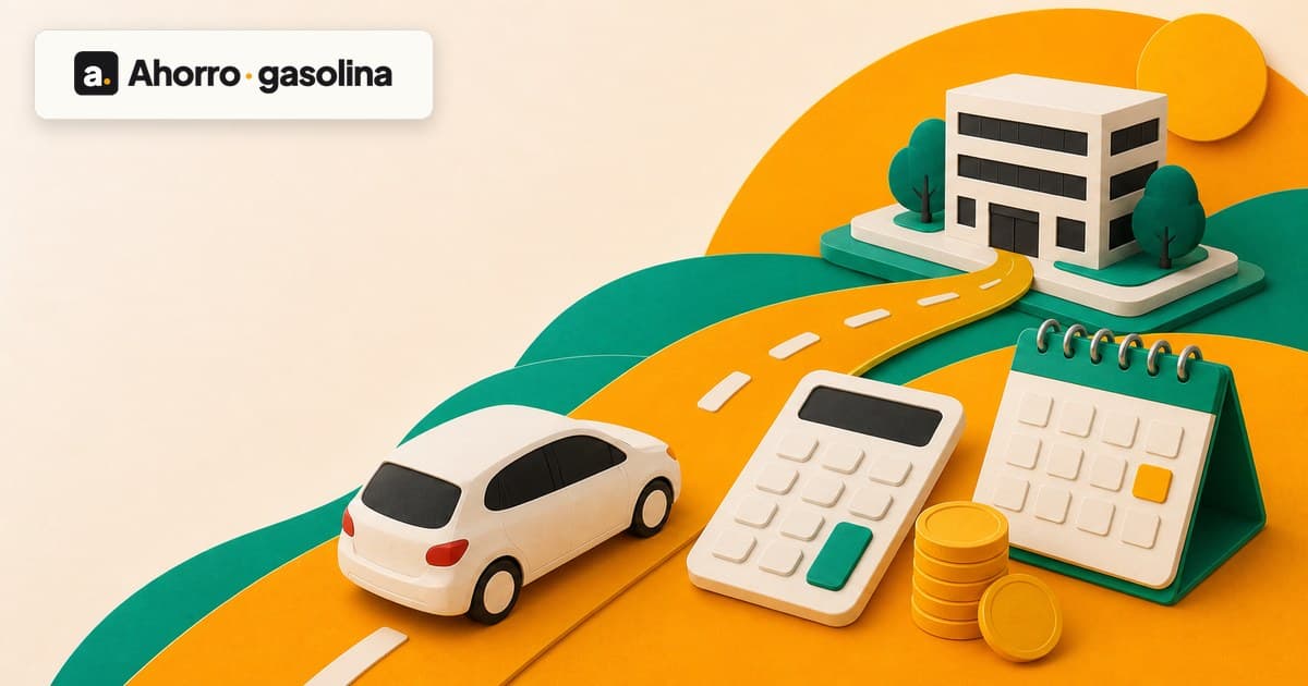 Coche de camino al trabajo junto a una calculadora, calendario y monedas en estilo 3D de AhorroGasolina