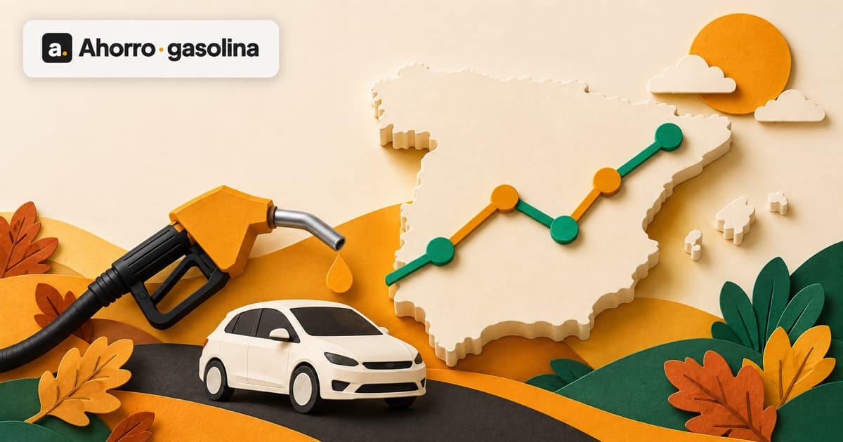 Mapa tridimensional de España con una línea de evolución, coche y surtidor sobre un paisaje otoñal