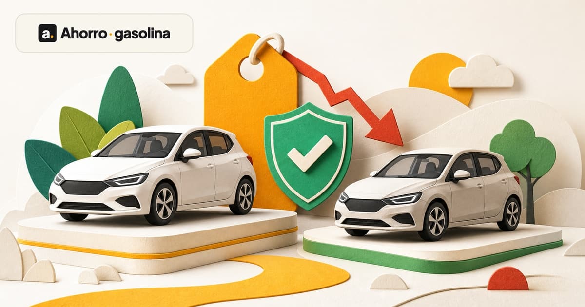 Dos coches compactos sobre plataformas con una etiqueta de precio, un escudo de garantía y una flecha de depreciación