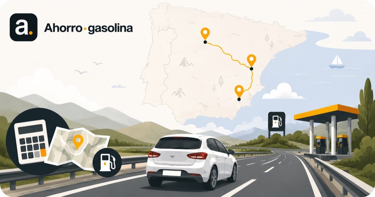 Mapa de España con una ruta de Madrid a Valencia y Alicante y un coche en autopista hacia una gasolinera — calcula el coste de tu viaje en gasolina