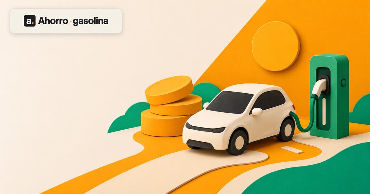 Ilustración de un coche eléctrico, un cargador y monedas para explicar mitos sobre ahorro y autonomía.