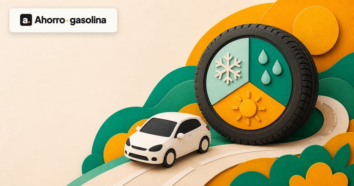 Neumático dividido entre lluvia, nieve y sol junto a un coche en estilo 3D de AhorroGasolina
