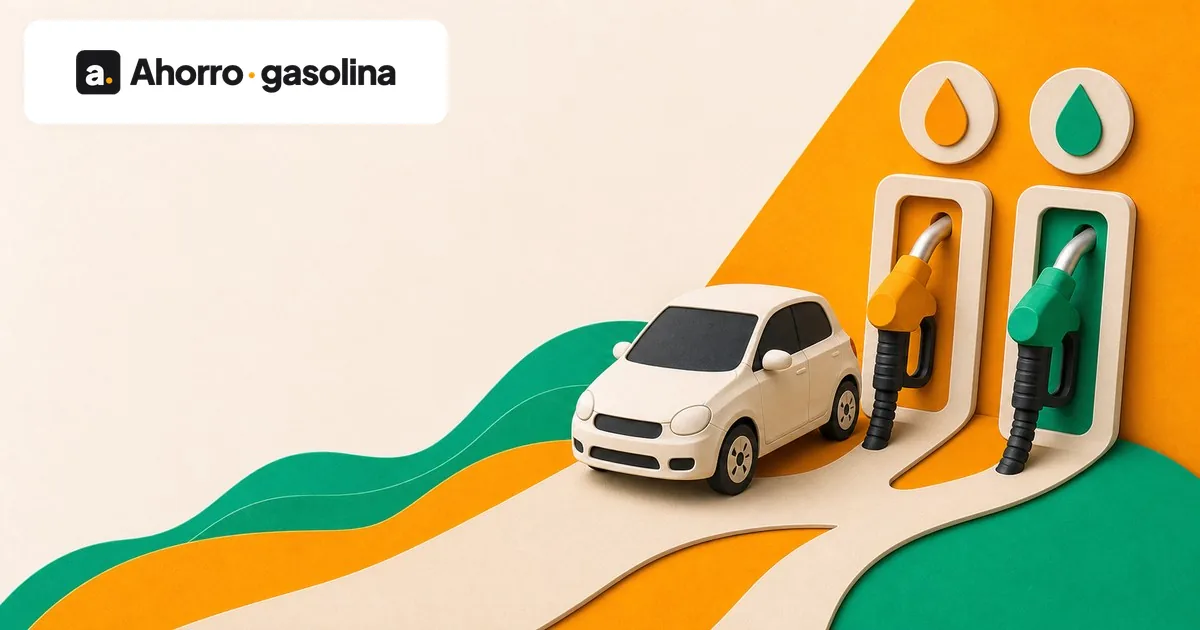 Surtidores de gasolina 95 y 98 enfrentados junto a un coche en una gasolinera — comparativa entre gasolina 95 y 98