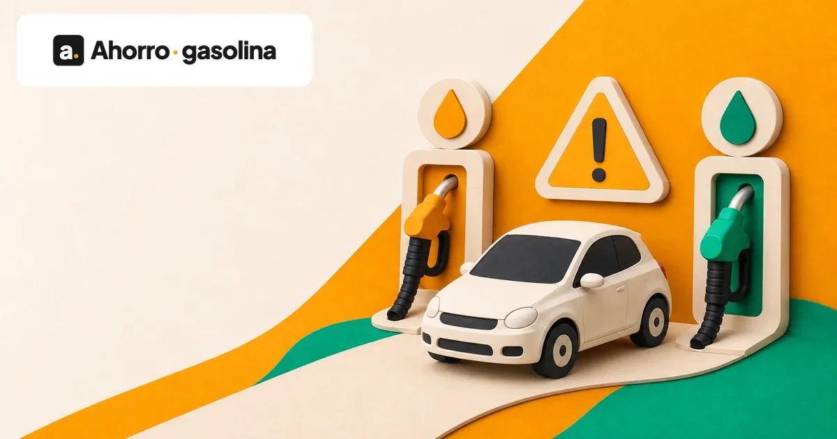 Coche de papel entre dos surtidores y una advertencia ámbar