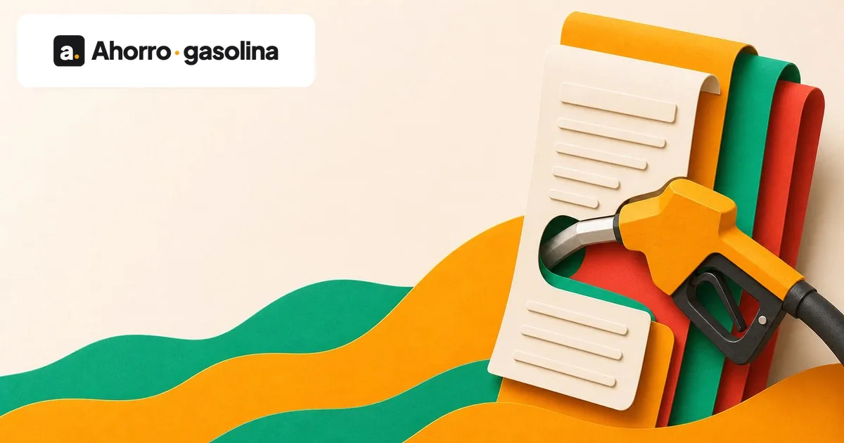 Gráfico circular del desglose del precio de la gasolina (impuestos, IVA y producto) junto a un surtidor y un coche — por qué la gasolina es tan cara