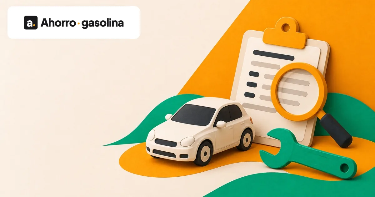 Coche de papel junto a un presupuesto, una lupa ámbar y una llave verde